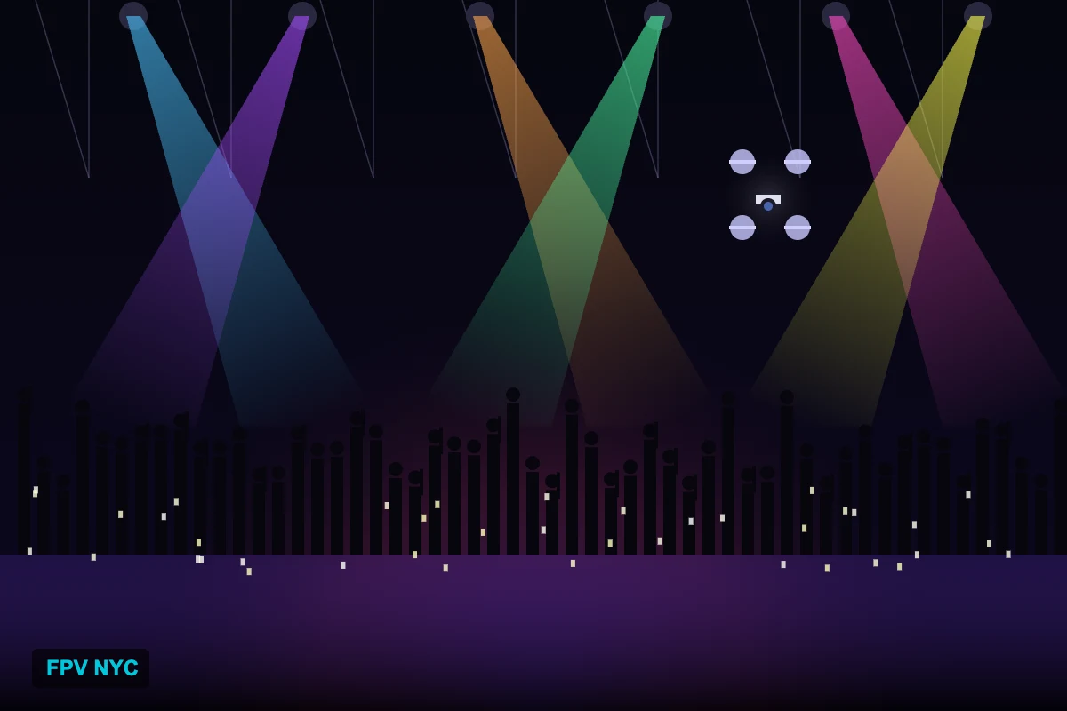 Indoor FPV drone flying through concert venue capturing audience and stage lighting by FPV NYC